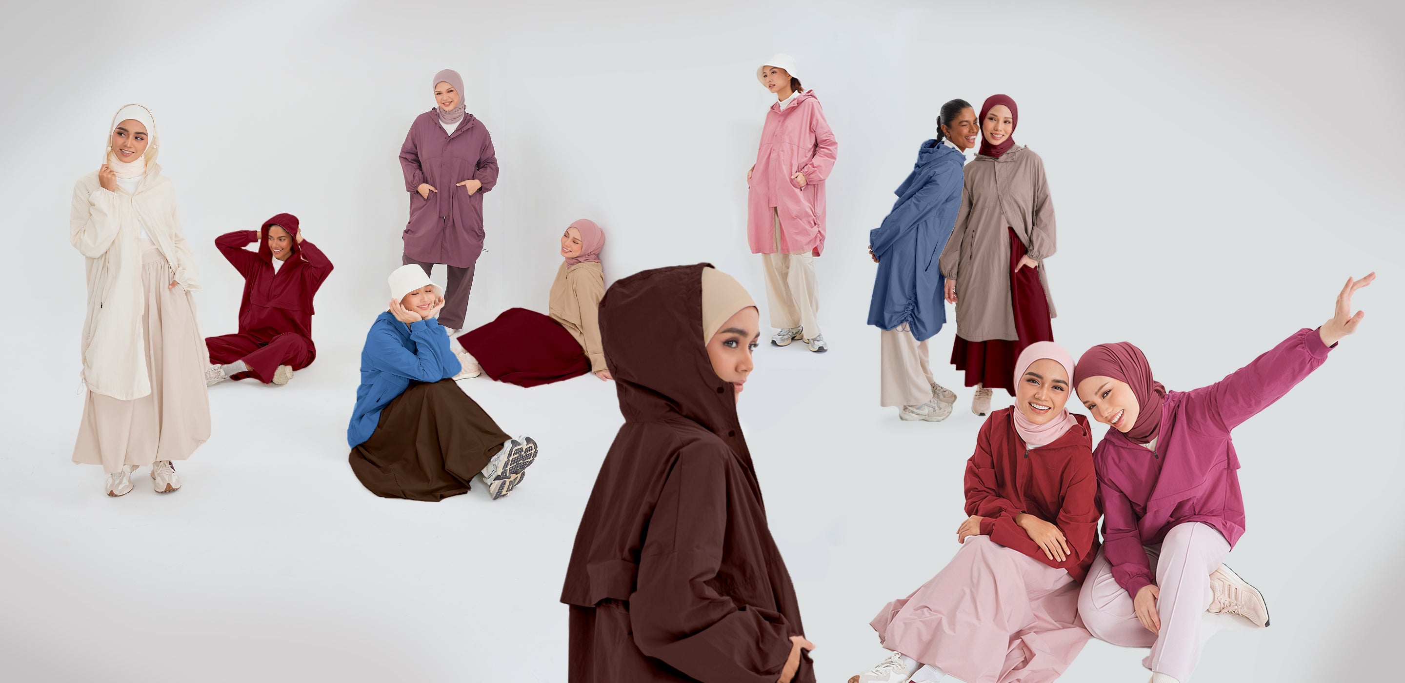 People wearing hijabs in various colors and styles on a white background