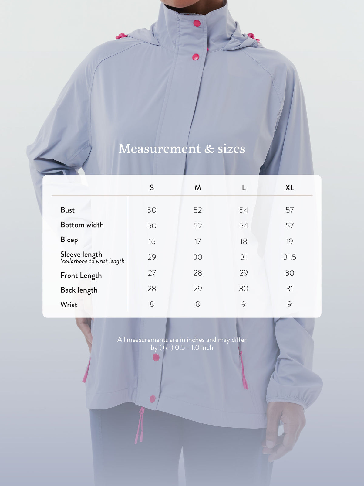 Lightweight Packable Parka - Size chart